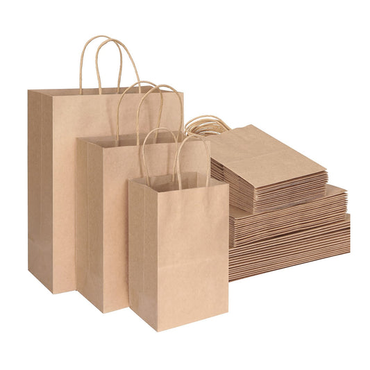 45 Pack Brown Natural Plain Kraft Gift Bags with Handles, Shopping Bags Bulk for Grocery, Craft, Birthday, Wedding, Party Favors in 3 Sizes