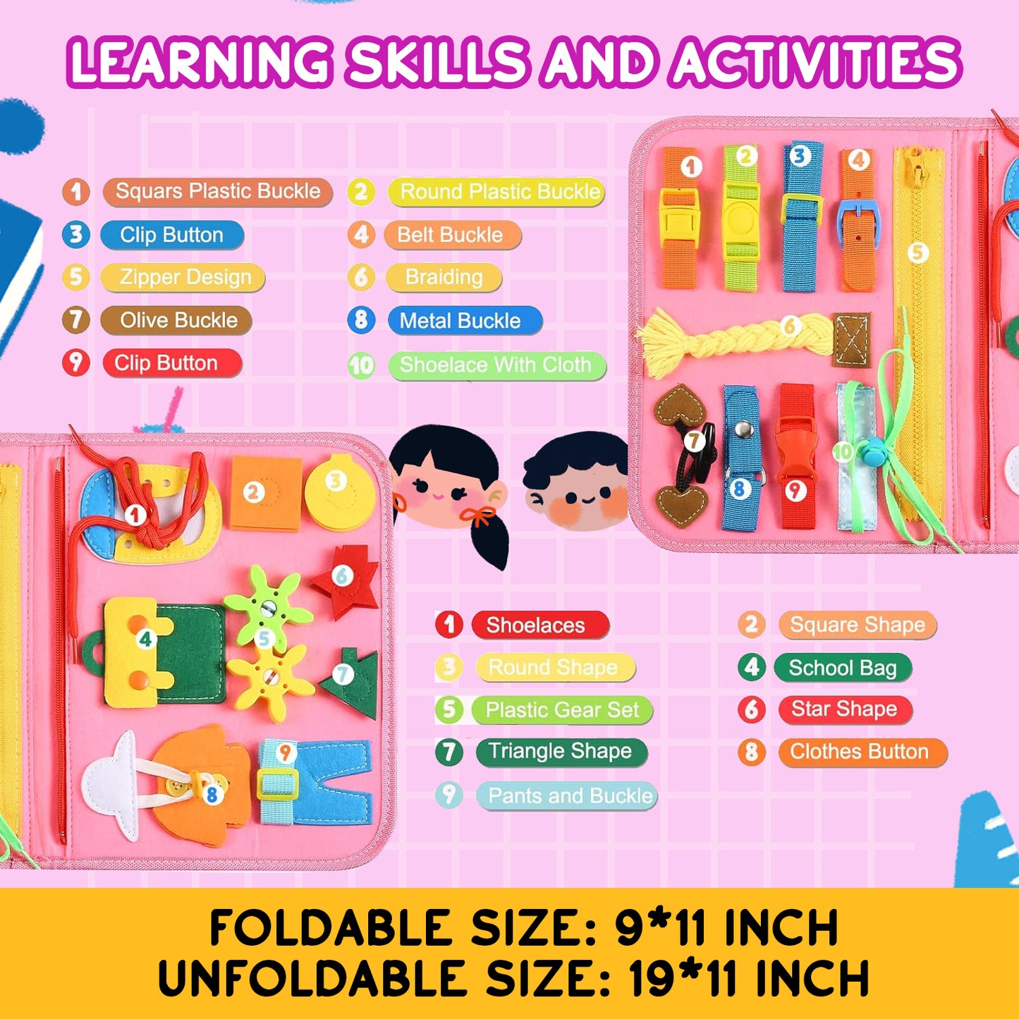 Busy Board Montessori Toy Educational Activity Sensory Board Preschool Learning Fine Motor Skills Toys for Gift for Boys Girls, Pink, 3 Pages