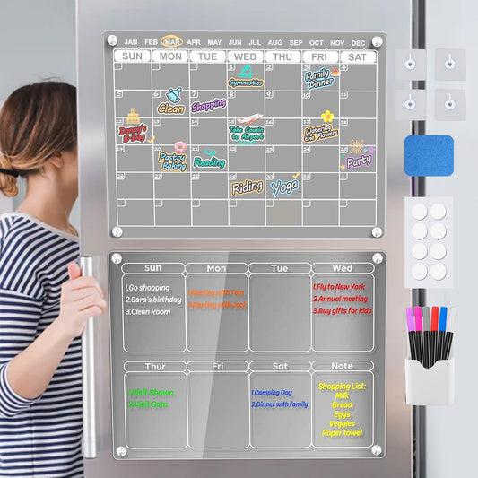 Magnetic Acrylic Board Monthly Weekly Fridge Reusable Planner Includes 6 Dry Erase Markers Clear Planning Boards, 43W x 30H cm