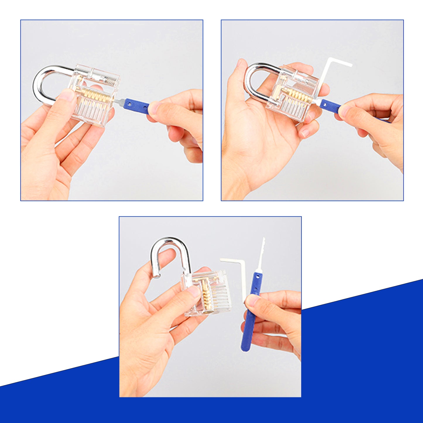 Practice Lock Picking Tools with 4 Transparent Training Padlock, Guide for Beginner and Locksmith Training