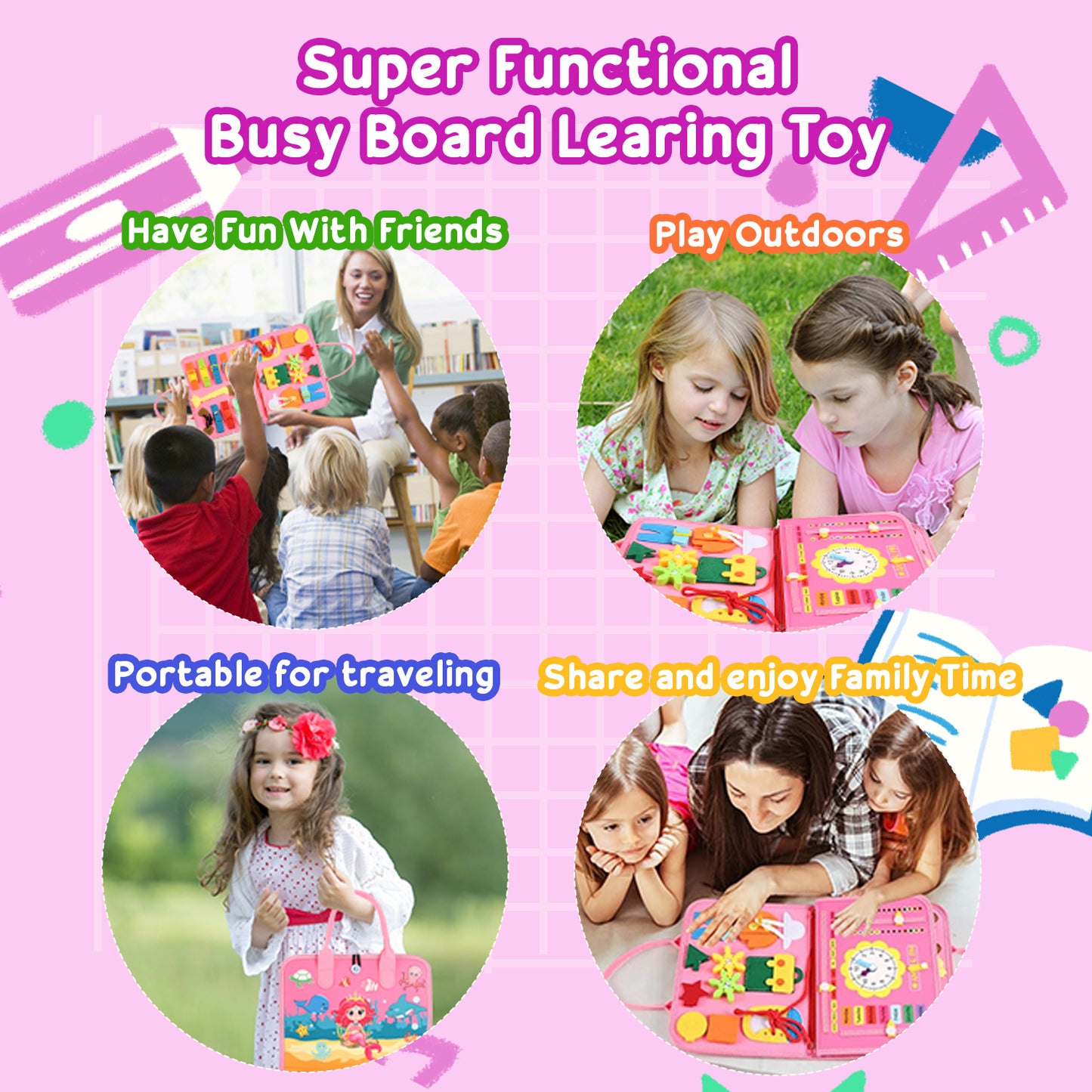 Busy Board Montessori Toy Educational Activity Sensory Board Preschool Learning Fine Motor Skills Toys for Gift for Boys Girls, Pink, 3 Pages