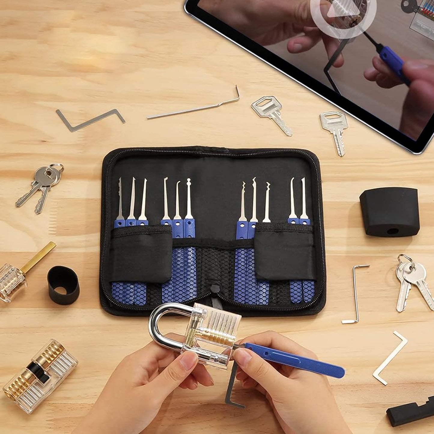 Practice Lock Picking Tools with 4 Transparent Training Padlock, Guide for Beginner and Locksmith Training