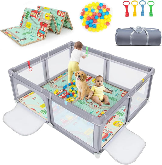 Extra Large Playpen for Babies and Toddlers, Safe & Sturdy, Small Baby Playpen with Storage Bag Ocean Balls Pull Rings and Mat- 177x152cm