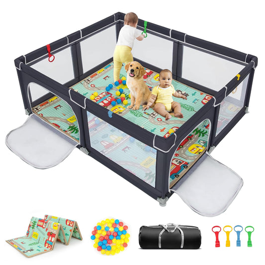 Extra Large Playpen for Babies and Toddlers, Safe & Sturdy, Small Baby Playpen with Storage Bag Ocean Balls Pull Rings and Mat- Black