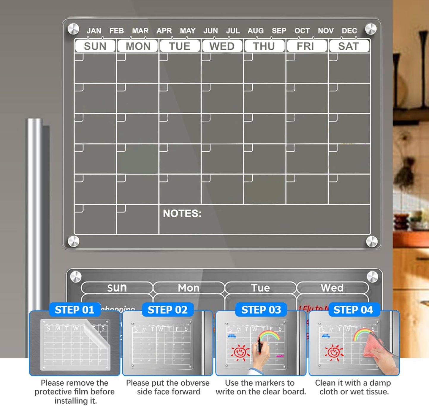 Magnetic Acrylic Board Monthy Weekly Fridge Reusable Planner Includes 6 Dry Erase Markers Clear Planning Boards, 43W x 30H cm