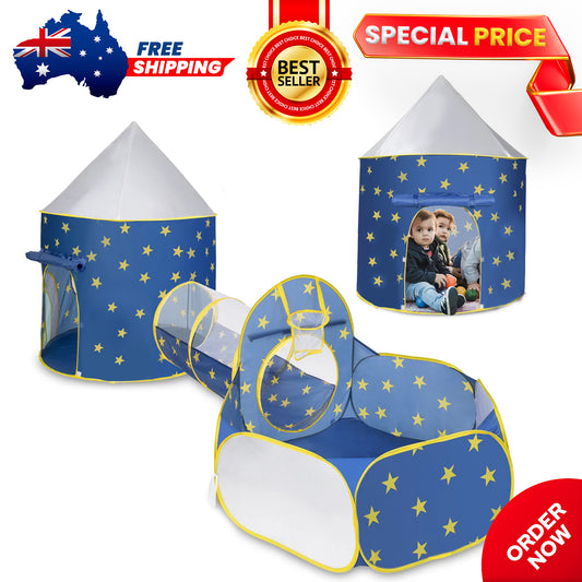 3 in 1 Pop Up Play Tent with Ball Pit, Tunnel and Basketball Hoop Tents, Blue