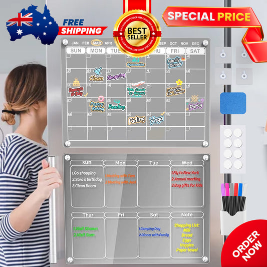 Magnetic Reusable Acrylic Board Monthly Fridge Planner With 6 Dry Erase Markers