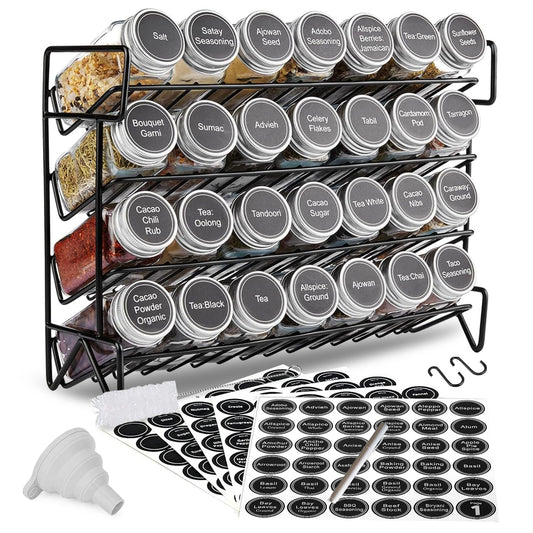 4 Tier Shelf Spice Rack Organizer with 28 Spice Jars, Funnel and Cleaning Brush