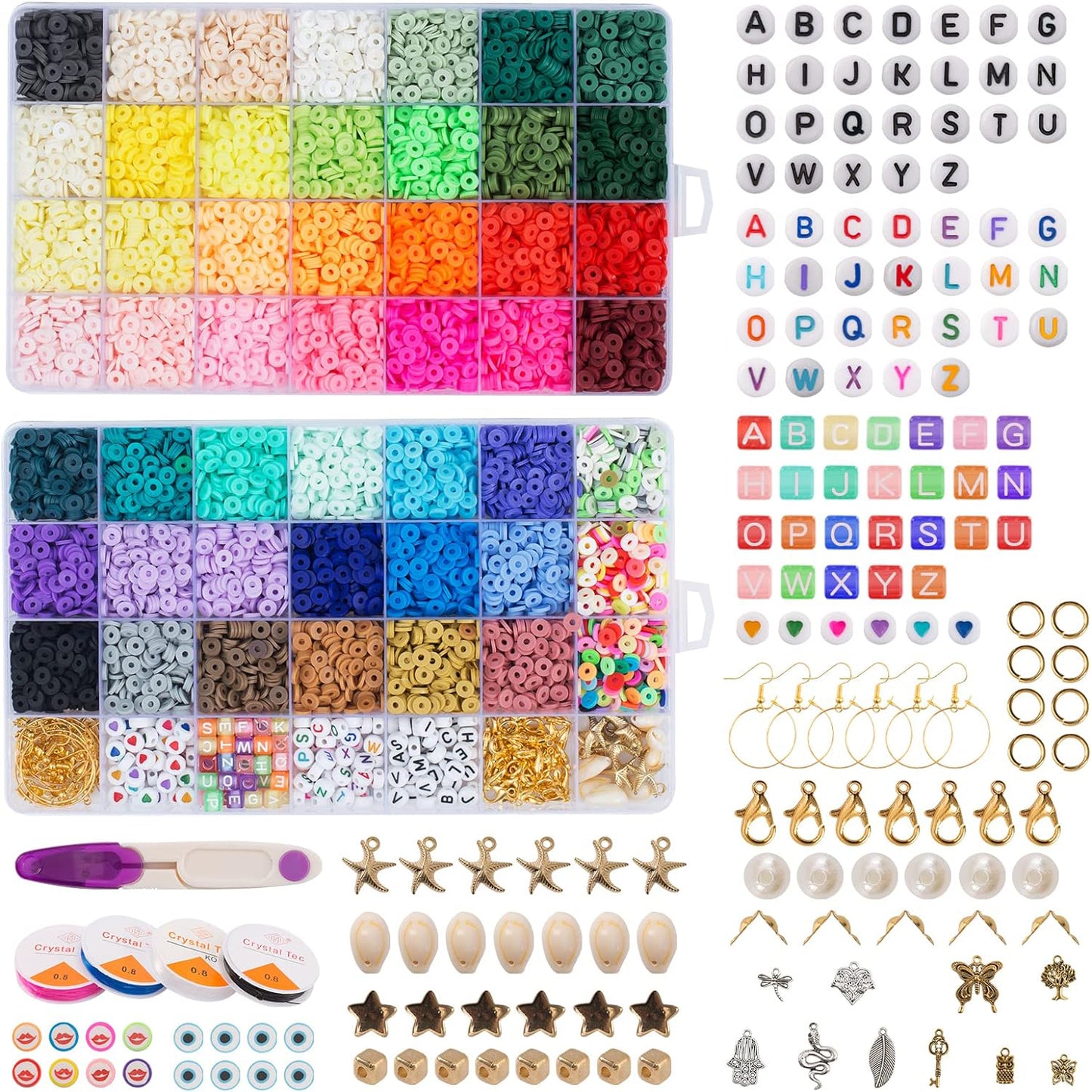 12588PCS Clay Beads Friendship Bracelet Making Kit, Flat Preppy Polymer Heirship Beads for Jewelry Making with Pendant Charms for Girls Teens Ages 6-12