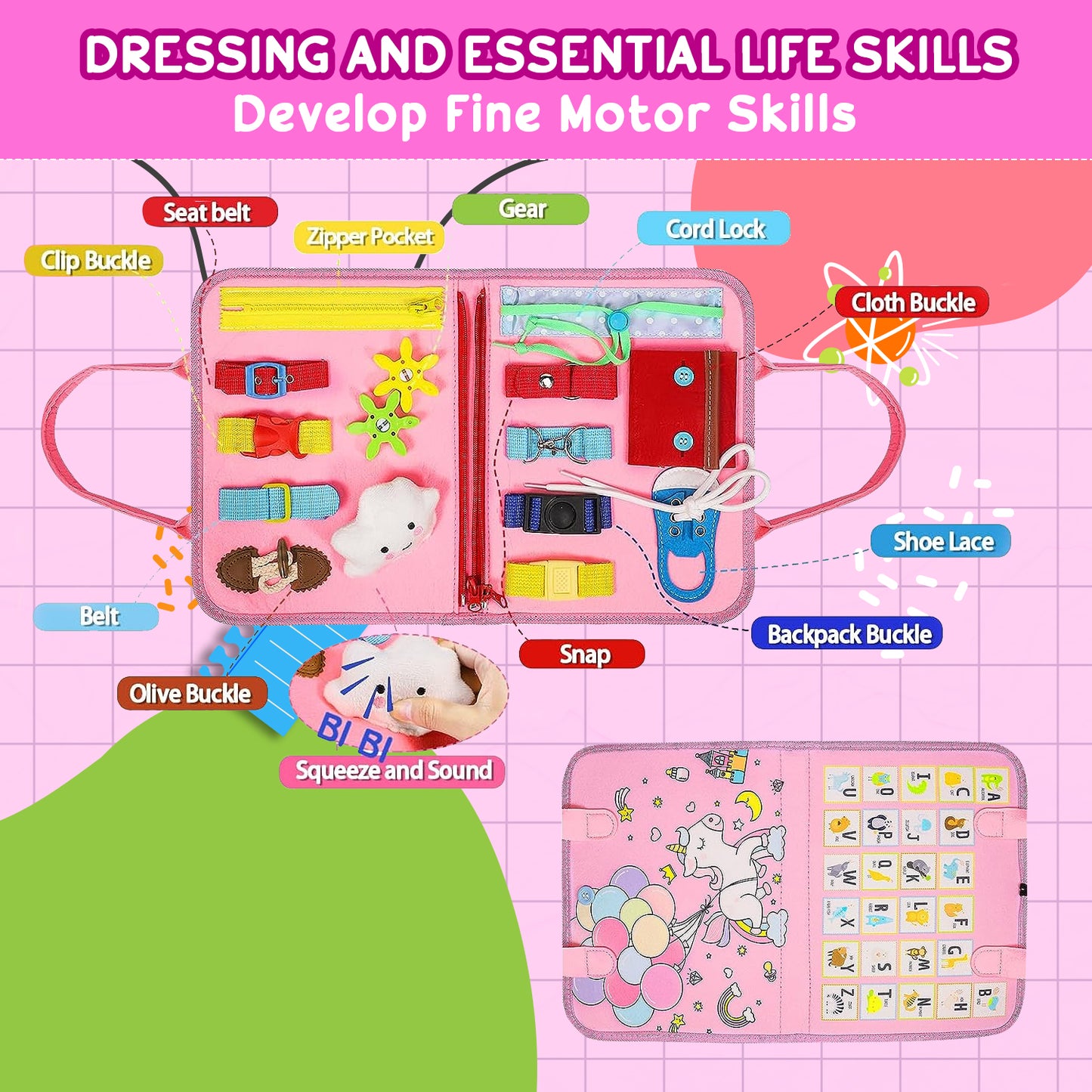 Toddler Montessori Learning Busy Board Sensory Toys 1-6 Year Kids, Pink, 5 Pages