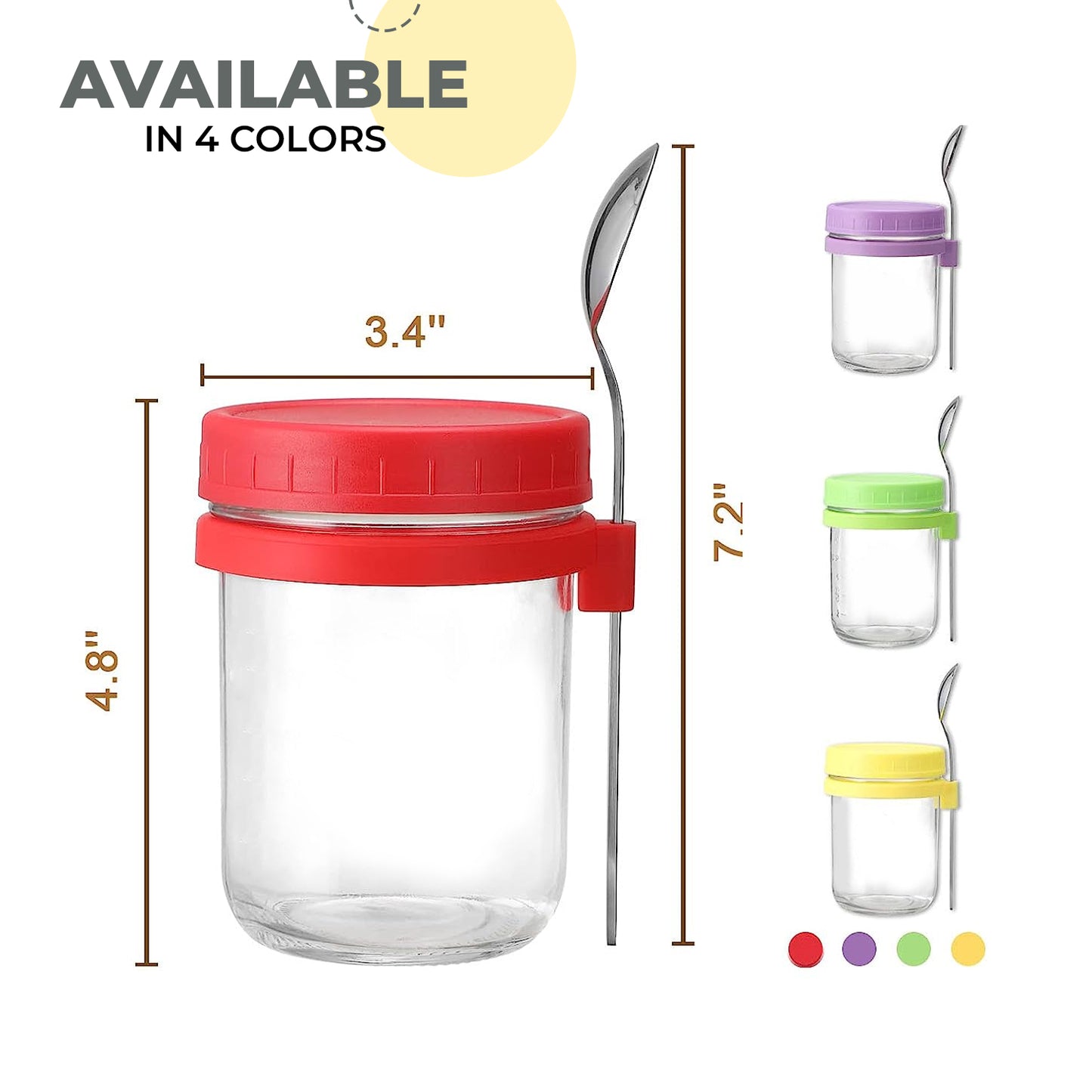4pcs Set Overnight Oats Glass Round Jars with Spoon and Lid Food Container-350ml