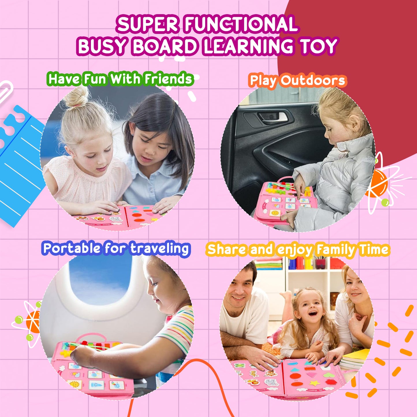 Toddler Montessori Learning Busy Board Sensory Toys 1-6 Year Kids, Pink, 5 Pages