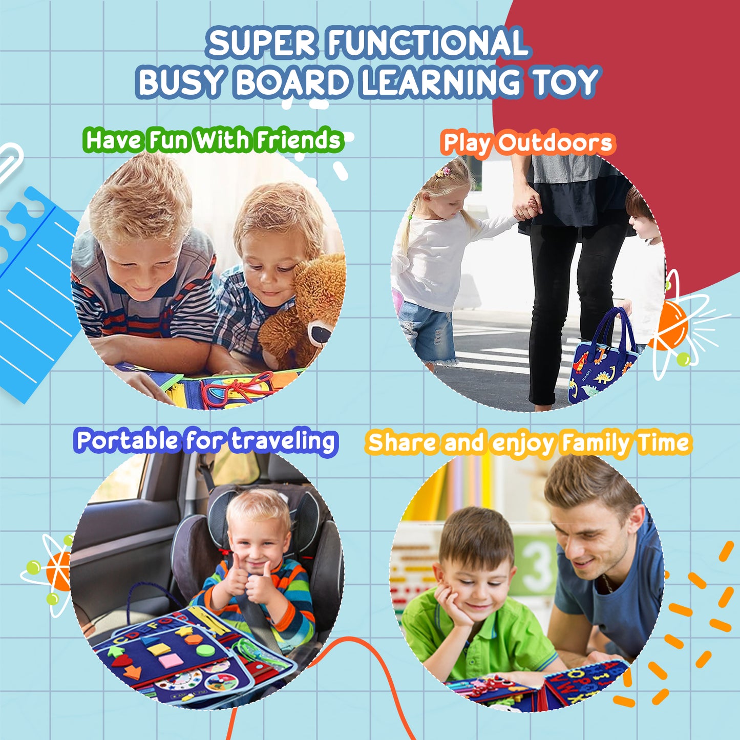 Toddler Montessori Learning Busy Board Sensory Toys 1-6 Year Kids, Blue, 5 Pages