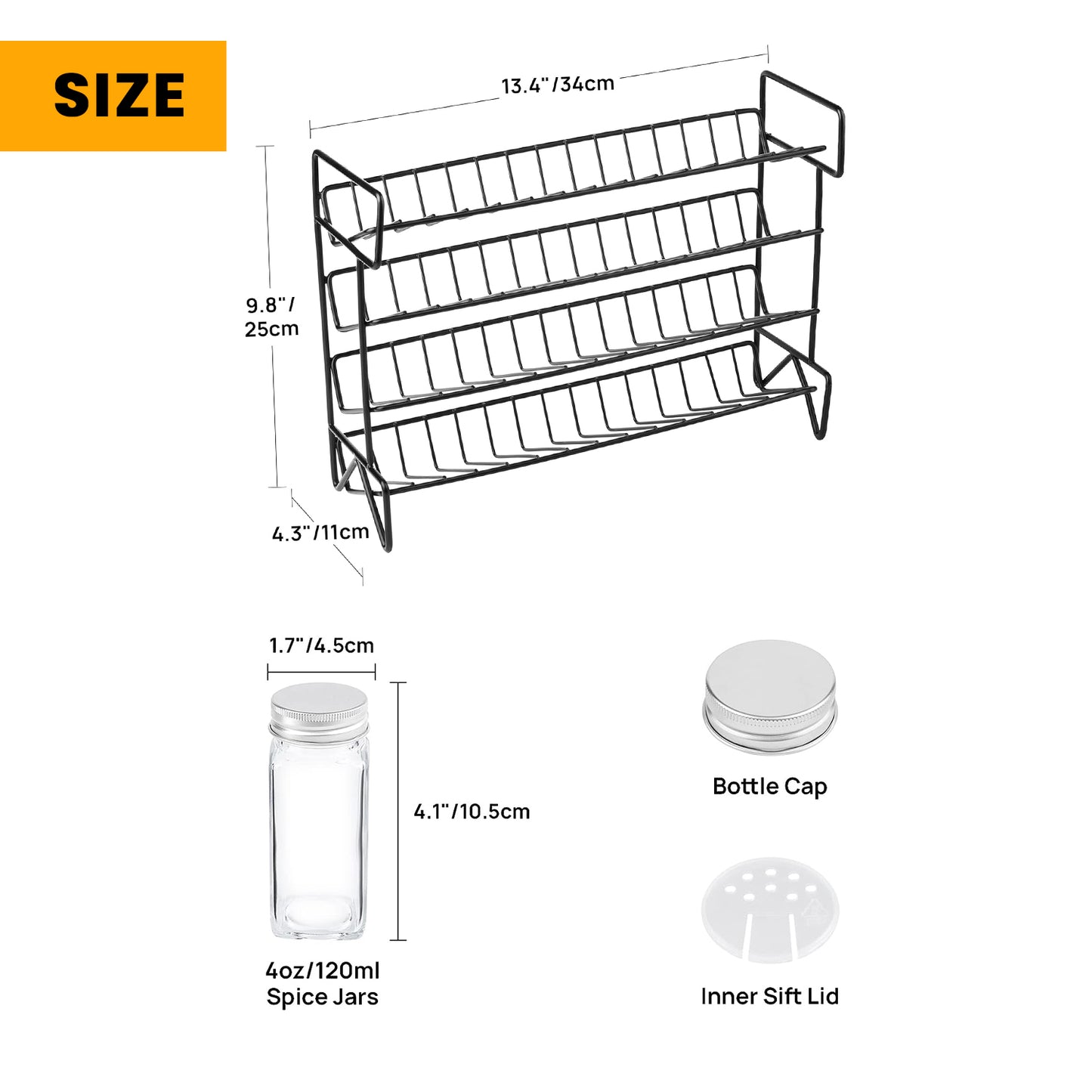 4 Shelf Metal Spice Rack + 28 Glass Jars, Funnel, Stickers and Cleaning Brush Seasoning Organizer for Countertop, Cabinet, Kitchen, Pantry, Cupboard
