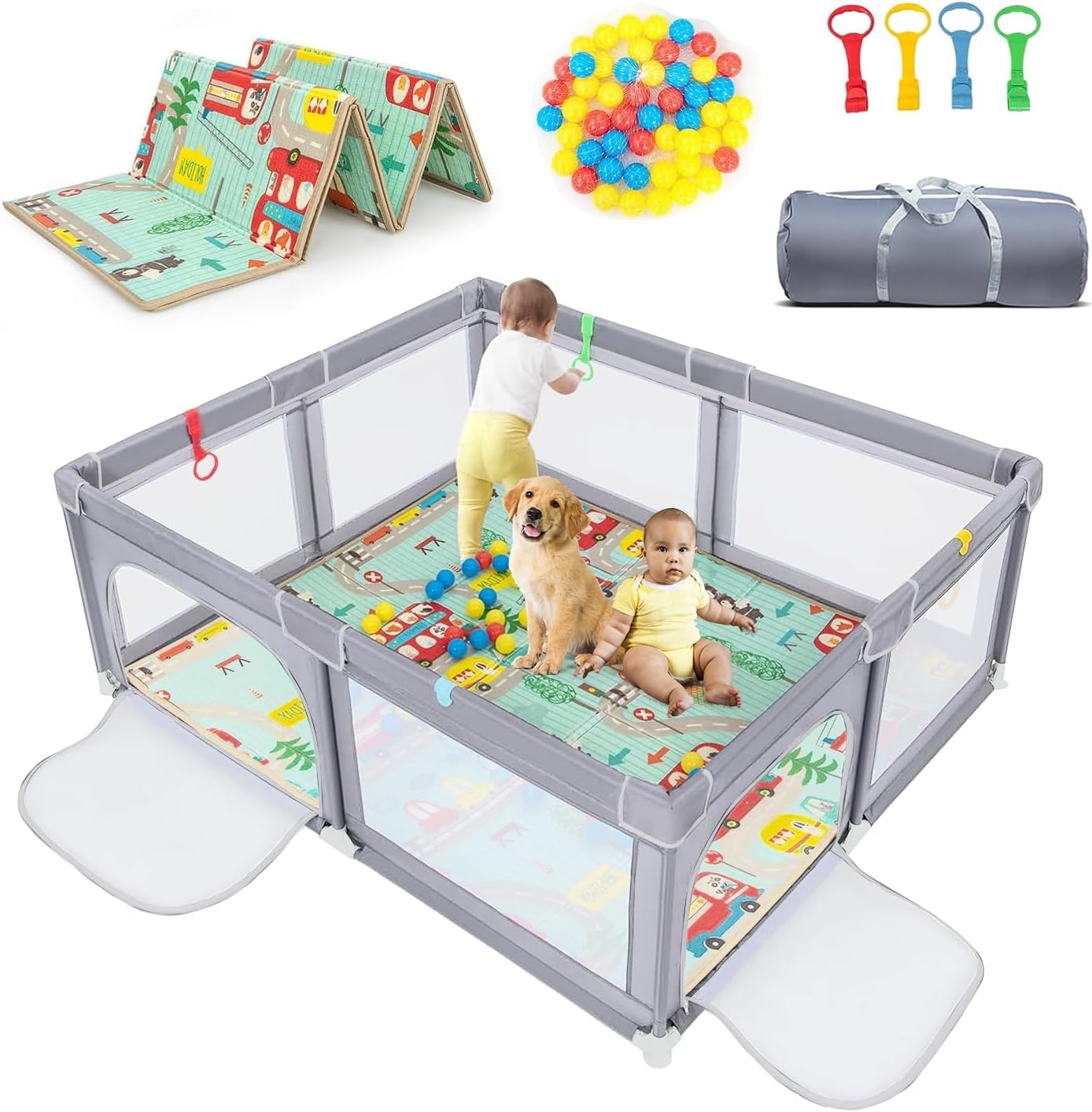 Extra Large Baby Toddler Playpen with Storage Bag Ocean Balls Pull Rings and Mat