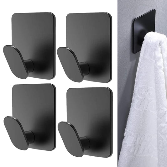 4 Pack Black Adhesive Stainless Steel Towel Hooks for Bathrooms Kitchen Shower