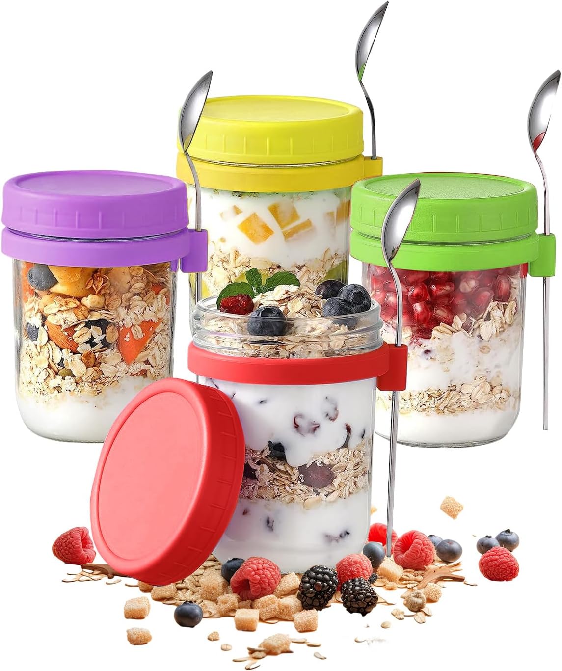 4pcs Set Overnight Oats Glass Round Jars with Spoon and Lid Food Container-350ml