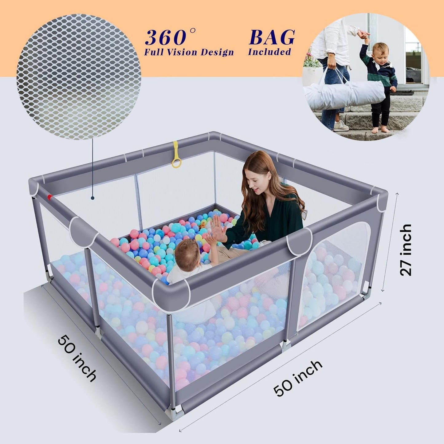 Extra Large Baby Toddler Playpen with Storage Bag Ocean Balls Pull Rings and Mat