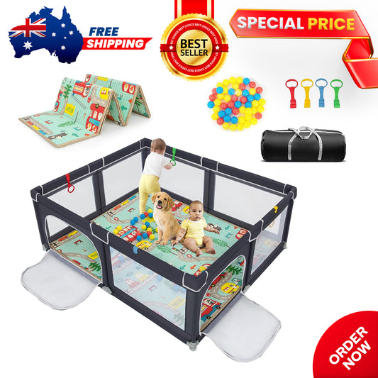 Safe & Sturdy Baby Playpen with Storage Bag Ocean Balls Pull Rings and Mat Black